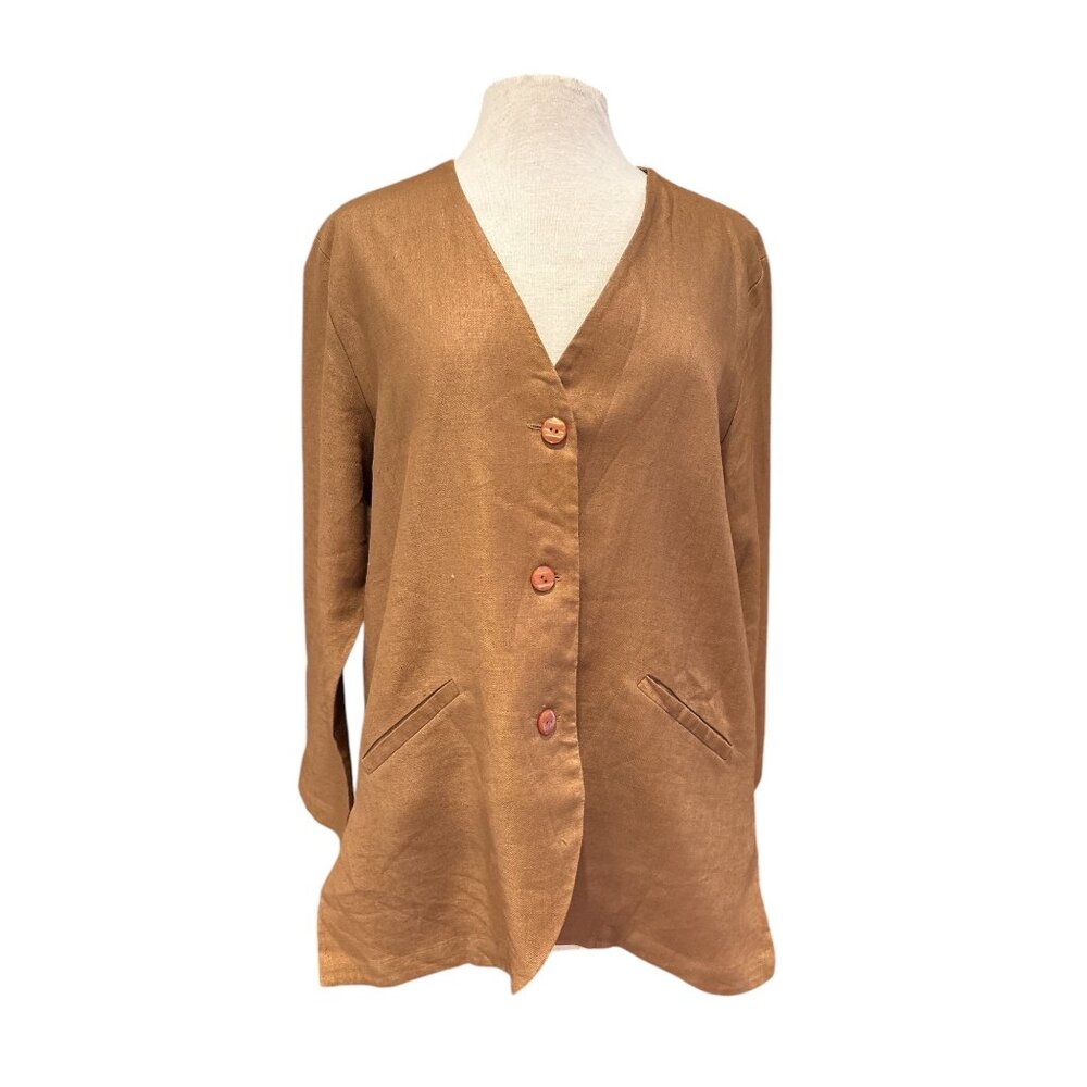 Worlds Apart 100% Linen Womens Brown Button-Up Cardigan With Pockets Long Sleeve